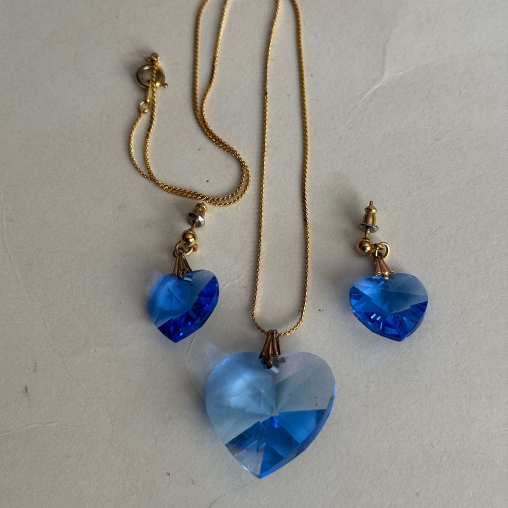 Blue Faceted Blue Glass Hart Necklace and Earrings